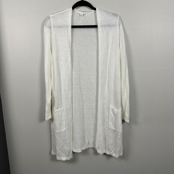J. Jill Sweaters - J. Jill Womens Medium Linen Blend White Open Front Knit Cardigan Pockets Long